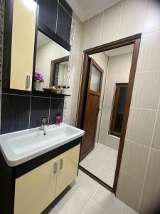 y baño con lavabo, espejo y ducha. en Arhavi deki eviniz, en Arhavi