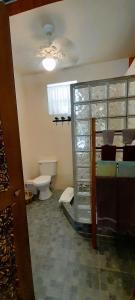 a bathroom with a toilet and a window at Amanda's Place Yellow Studio - Pool and Tropical garden in Caye Caulker