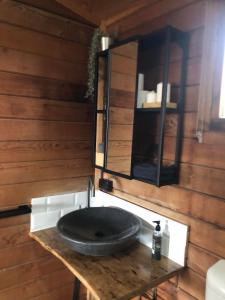 a bathroom with a black sink on a wooden wall at Lappi Farm in Berridale