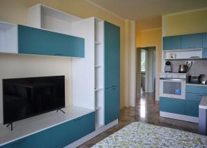 アローナにあるCasa Ierardi - Appartamento Arona Bellavistaのキッチン(青いキャビネット、薄型テレビ付)