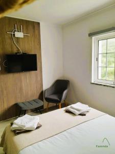 ein Schlafzimmer mit einem Bett, einem Stuhl und einem TV in der Unterkunft Fazenda Valley in Santa Cruz das Flores
