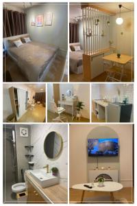 a collage of photos of a bedroom and a room at PTJ Style Condotel คอนโดเมืองทอง in Ban Bang Phang