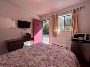 a bedroom with a large bed and a window at Dolphin Motel in Tofino