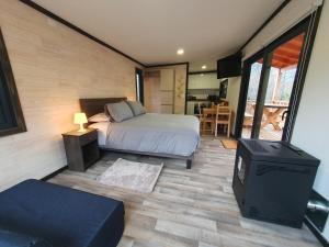 a bedroom with a bed and a tv in a room at tiny house suite deluxe QT en Malalcahuello in Malalcahuello