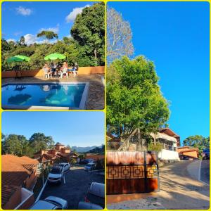 a collage of three pictures of a resort with a pool at Pousada Cravo & Canela in Campos do Jordão