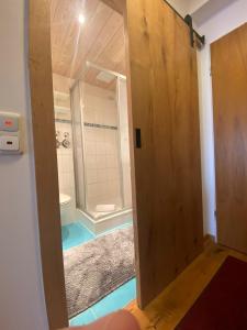 a door leading into a bathroom with a shower at Appartement Raineck in Mittenwald