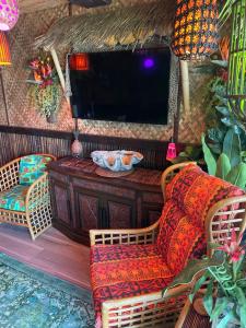 a living room with two chairs and a television at The Kondo Tiki in Tampa