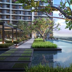 a rendering of a building with a reflecting pool at Gravit 8 , Ashino in Klang
