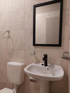 ベジャ・ビスタにあるLas Ruinasのトイレ、洗面台、鏡のあるバスルーム