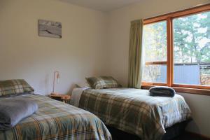 Burkes Pass的住宿－Bauchops Hill Station Farmstay，一间卧室设有两张床和窗户。