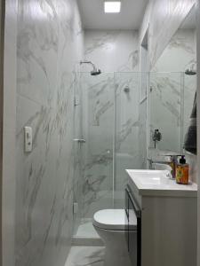 e bagno con doccia, servizi igienici e lavandino. di Amazing in Ipanema by Verlaine Adami a Rio de Janeiro