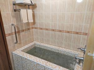uma casa de banho com banheira e chuveiro em 知本溫泉家 em Hua-yüan