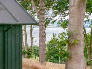 um barracão verde com vista para uma massa de água em 12 person holiday home in Millinge em Millinge