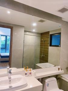 een badkamer met een wastafel, een toilet en een spiegel bij Homestay Ecopark in Kim Quan