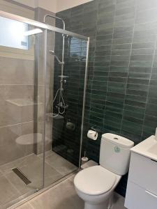 a bathroom with a toilet and a glass shower at Walnut Cozy House in Goudhi +17 photos