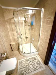 una doccia con porta in vetro in bagno di luxury house with sea view a Trabzon