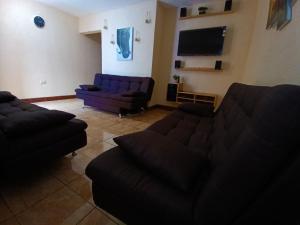 sala de estar con 2 sofás y TV en Casa Aguacate, en Antigua Guatemala
