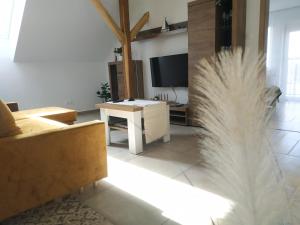 a living room with a white feather on the floor at BBFamily in Balatonboglár