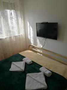 a bedroom with a bed with two pillows and a flat screen tv at Apartman Suncokret in Vrnjačka Banja +8 photos