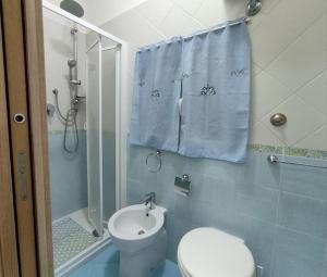 uma casa de banho com um WC, um chuveiro e um lavatório. em La Torre em Maiori