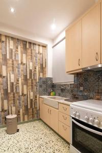 uma cozinha com um lavatório e um fogão forno superior em Leon Cozy Apartment em Atenas