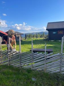 eine Statue eines Ogers auf einem Feld hinter einem Zaun in der Unterkunft Trollvang in Dovreskogen
