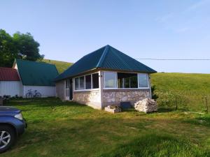 a small house with a green roof on a field at Suri in Plužine