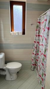 a bathroom with a toilet and a shower curtain at GUEST HOUSE ZORNICA in OBZOR in Obzor