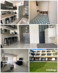 un collage de quatre photos d'une cuisine et d'une maison dans l'établissement Studio 1 ère ligne Port Camargue avec piscine, au Grau-du-Roi