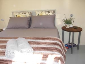 1 dormitorio con 1 cama con 2 toallas en Oltmans farm stay, en De Rust