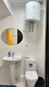 uma casa de banho com um WC, um lavatório e um espelho. em Отель Евразия em Cholpon-Ata