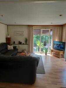 een woonkamer met een bank en een flatscreen-tv bij Marina beach chalet nummer P0 28 in Hoek