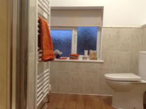 a bathroom with a toilet and a window at Lynn Cottage, Newport in Newport +18 photos