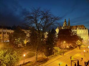 una calle de la ciudad por la noche con un gran edificio en PADRE PIO APARTMENTS MINI, en Košice