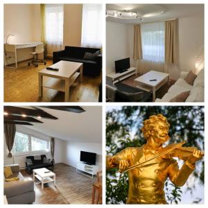 eine Collage mit Fotos von einem Wohnzimmer und einem Wohnzimmer mit einer Statue in der Unterkunft Ferienunterkünfte in Sievering in Wien