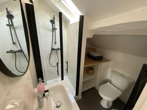 een badkamer met een toilet, een wastafel en een spiegel bij Studio moderne en plein centre de Caen in Caen