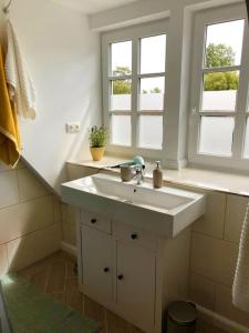 ein Badezimmer mit einem weißen Waschbecken und zwei Fenstern in der Unterkunft Ferienhaus Melkerhaus - Ostsee in Beschendorf