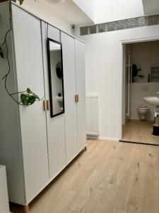łazienka z białymi szafkami i toaletą w obiekcie Bed & Stay Kersenbloesem w mieście Nijswiller