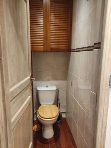uma casa de banho com um WC e uma porta de madeira em Cosy apartment with View ! Paris 10mn by train em Bourg-la-Reine