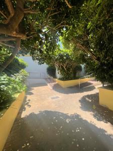 un giardino con alberi e un vialetto in mattoni di Apartamento Jardines del Rocío a Torre del Mar