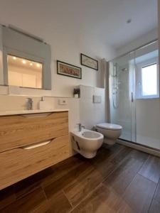 ein Bad mit einem Waschbecken, einem WC und einer Dusche in der Unterkunft Appartamento Il Poggetto in Montefiascone