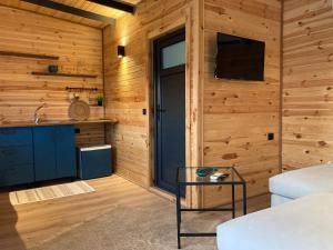 a room with wooden walls and a tv and a couch at Baraqa hoolbox in Fethiye
