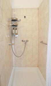 uma casa de banho com um chuveiro e uma banheira branca em Golden Apartman Balatonlelle em Balatonlelle