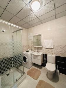 y baño con aseo, lavabo y ducha. en Ak Home Dublex - apartment en Çanakkale