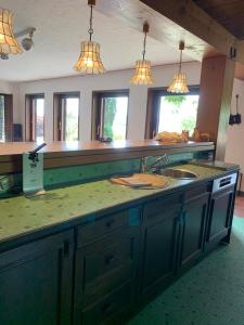 una cocina con encimera verde y fregadero en Gîte des Hurlevents, en Bourglinster