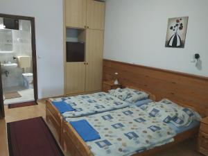 sypialnia z łóżkiem oraz łazienka z umywalką w obiekcie Valcsics Villa Panzió w mieście Pecz