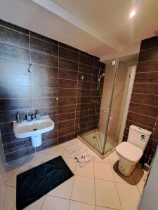 uma casa de banho com um WC, um lavatório e um chuveiro em très bel appartement avec piscine em Minaret de Mansuria