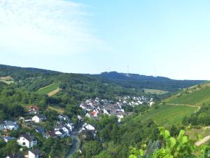 eine kleine Stadt in den Hügeln mit einer kurvenreichen Straße in der Unterkunft Ferienhaus am Marktplatz in Oberheimbach