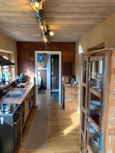 a kitchen with wooden floors and a wooden ceiling at Nautilus in Reinsfeld