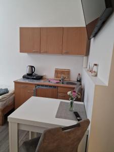 a kitchen with a white table and a counter top at Unterkunft Greifswald in Greifswald